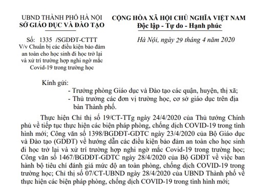Công văn 1335 của Sở GD&ĐT Hà Nội về việc chuẩn bị các điều kiện đón học sinh trở lại trường